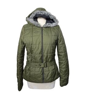 Vans Puffer Full Zip Faux Fur Hooded Green Belted Jacket XL